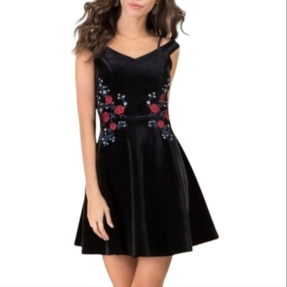 Francesca's Collections Dresses & Skirts - Whimsigoth Dress Y2K black velvet strappy fit & flare embroidered dress sz XS